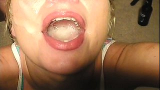 Nasty blonde milf takes a heavy load of jizz in her mouth