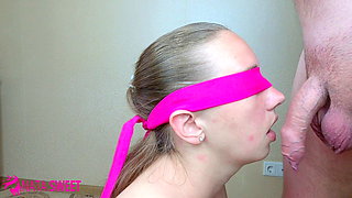 Blindfolded submissive Stepdaughter fucked in the mouth by dad - came hard! Cum in mouth! Huge cum load!