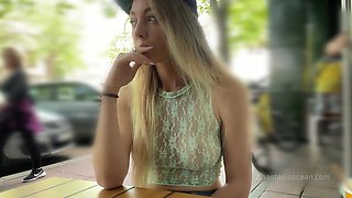 Anastasia has no panties under skirt while she's in public cafe!