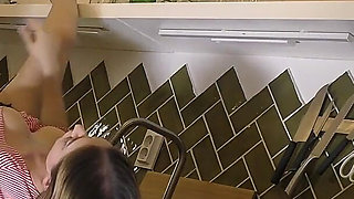 Flexible Hot Wife in the Kitchen Does Gym Training at Home by Spreading Legs and Taking Her Panties off Under Her Mini Skirt