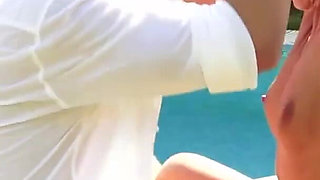 Busty Milf fucked young dick near swimming pool