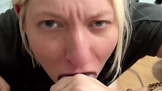 POV Blonde MILF Gives Teasing Blowjob Inside a Transparent Cock Sleeve