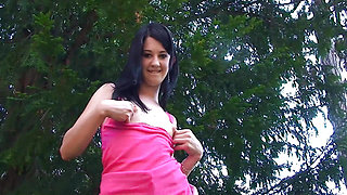 Cute Teen Lolly Flashing Her Small Tits and Pussy Outdoors