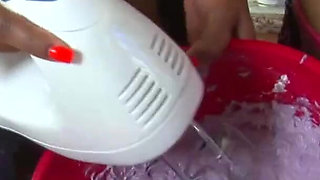 Lesbian ebony chicks playing with cream and sugar