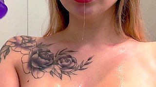 Busty Slut Oiled & Moaning While Masturbating with Dildo