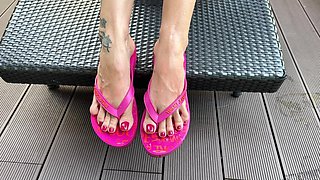 Pink Flip Flops on My Pretty Feet with Long Toes in Outdoor, Red Toenails Polish