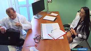 Hot nurse Angie Moon hooks up with the doctor and has fun with a female patient in a fake clinic