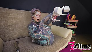 Tattooed teen gets herself off with a giant toy, anal gapes and prolapses in alternative film