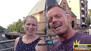 Pierced blonde babe cockriding in public