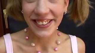 Skinny young slut loves having her mouth full of every inch of a big fat cock