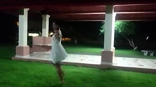 Tiny-titted Asian babe plays with herself outdoors