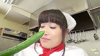 Chef And Restaurant Manager Discipline The Asian Cook By Making Her Squirt With Thick Vegetables