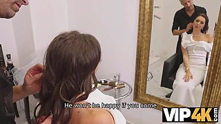 VIP4K. Hairdresser seduces sexy bride in wedding dress for a quickie