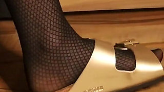 Dangling in Fishnet Stockings - Golden Double Strap Slides