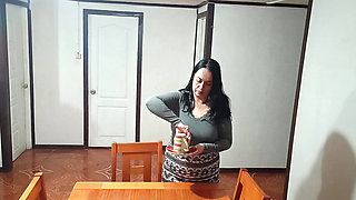 Sex before breakfast on the dining table with a stepmother taken by surprise