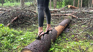 Black Classic Stiletto High Heels with No Back, 12 Cm Heels on Me and in the Forest, Deep in the Grass, on the Road