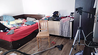 Amateur Emma vacuuming the room. Amateur wife gives me a handjob until I cum