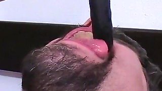 Skinny Brunette and Tattoed Guy Are Playing with a Dilde and Then She Fucks His Ass with It