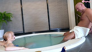Slim Busty Blonde Teen Pleases A Big-dicked Old Guy With a Hot Combination Of BJ & Titjob In Jacuzzi