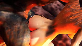 Alien fucks hard a sexy blonde in her ass in the fire cave