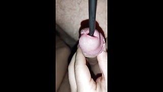 Playing with a Dilator, Stretching His Cock. Cumshot in Her Pussy