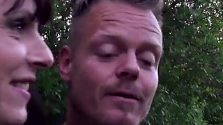 Big ass brunette enjoying in hard threesome outdoor fuck