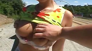 Perfect huge boobs chick gets lured with cash and fucked by