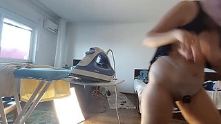 Sexy wife doing housework naked. Brunette hairy pussy, big ass, big tits
