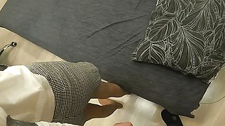 Silver tape bondage in tights and skirt