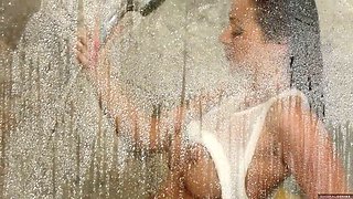 Abigail Mac fingers her perfect tits while showering in the cabin