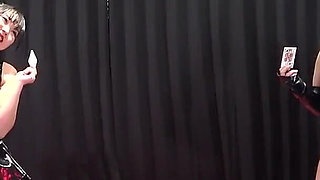 Heaven and Hell Card Whipping Game by Two Mistresses, Winner Slave Has His Dick Stroked by Hand, and Loser Slave Is Whipped