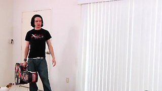 Strapon doms fuck crossdresser in group