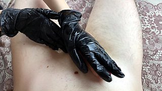 Girlfriend in Black Nylon Gloves Does Handjob and Footjob in Black Stockings
