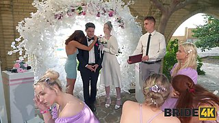 Hot bride has a wild public sex on her wedding ceremony. Watch her suck her future husband's cock and get railed doggystyle