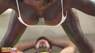 Fakehub - insane ebony yoga professor cougar with Big Tits squirts and juices all over her customers cock