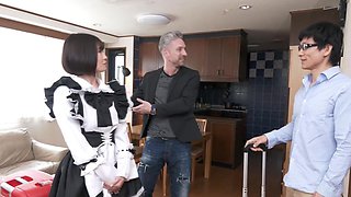 A maid in a sexy uniform has sex with two guys and gets her pussy licked