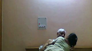 Slutty Indian maid gives head to old granddaddy with grey hair