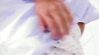 Big-boobed blonde Autumn-Jade is touching her shaved pussy