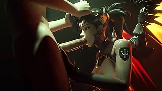 3D Animated Horny Mercy Gets a Big Cock in Her Little Mouth