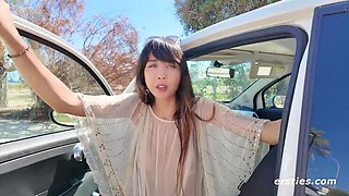 Hot German Brunette Kiara Shows Off Her Big Natural Tits at Outdoor Cafe - Public Naked Masturbation in Parking Lot