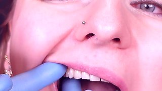 Face and Teeth Fetish Touch: Asmr Video in Blue Medical Mitrile Nurse Gloves. Arya Grander