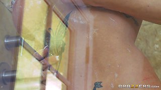 Anna Bell Peaks teasing Danny D through the glass door in the shower