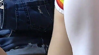 No Bra Denim Overalls Mini Skirt and White Micro Thong Wedgie Crotch, Perfect Body Big Tits Japanese Girl Seduce