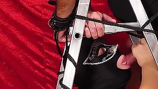 Fixed to a Ladder, Tied Down Slave Gets Ruined, Sucked and Milked Hard From Merciless Mistress