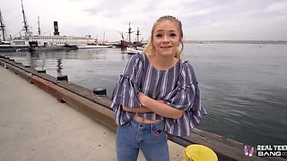 Cute blonde fucks with a stranger and makes him blowjob in the car