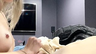 Blonde teen gives handjob and blowjob
