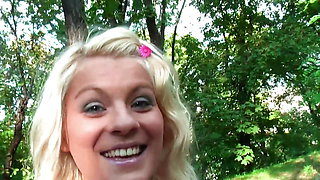 Pretty Blonde does perfect blowjob with stranger's huge cock