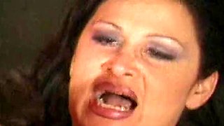 Big boobed lez MILF riding big dildo