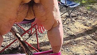Naughty Slut in the Woods Finds a Big Fat Log and Fucks in All Her Holes and Squirts It Hard