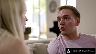 MODERN-DAY SINS - Cock Teasing Blonde Lilly Bell Makes BF Save Cum For 1 Month Before Oral Creampie!
